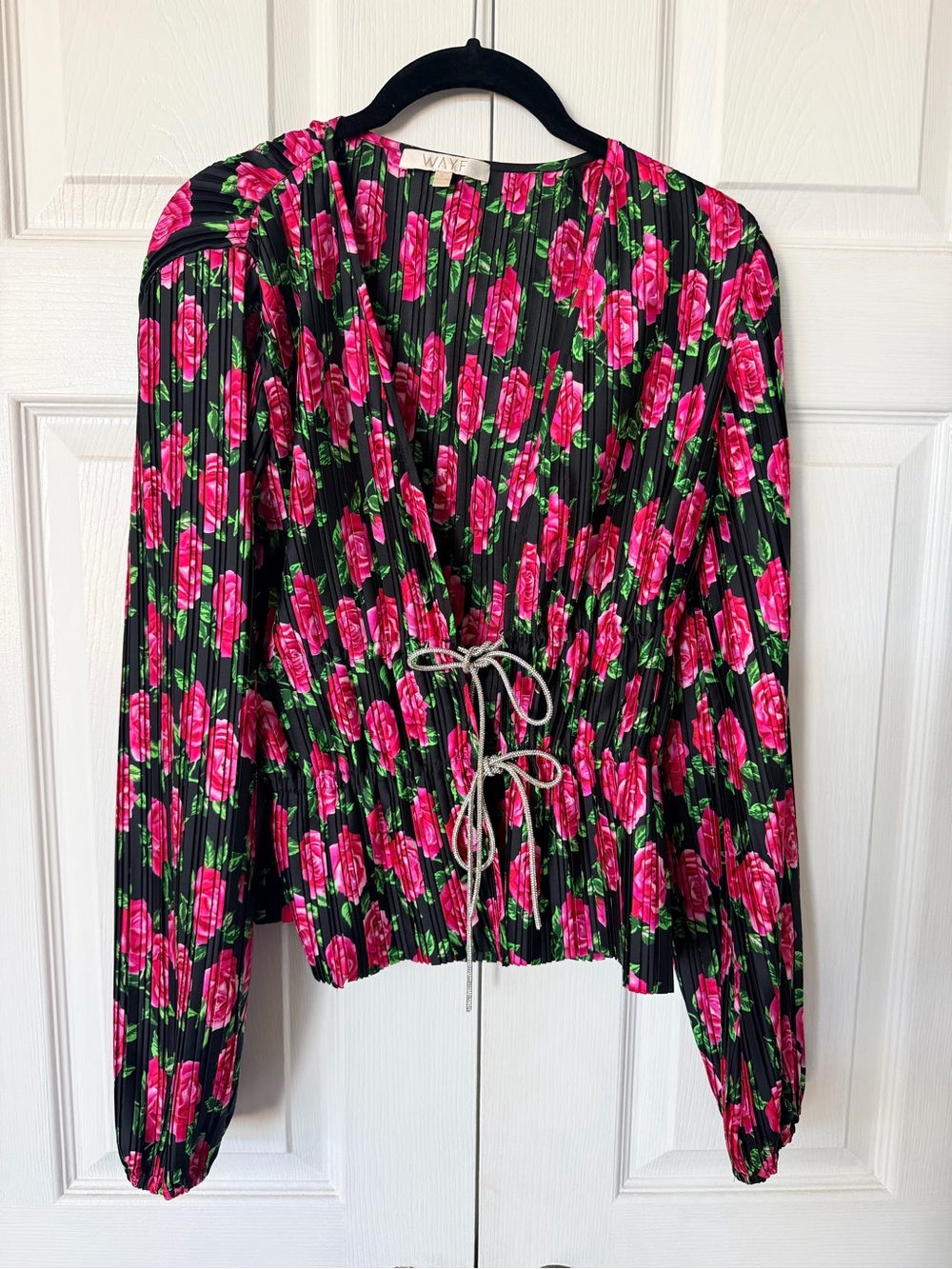 Wayf Black Blouse with Bright Pink Floral Print and Tie-Front
